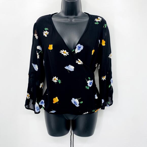 GANNI Black Floral Wrap Silk Blouse - Picture 3 of 8